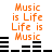 Orange text 'Music is Life Life is Music' above black audio equalizer bars on white background, with visible pixelation and animation changes in bar heights.