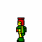 Pixel art character in green armor with red helmet performing walking, crouching, and weapon-holding animations.