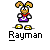 A 3x3 contact sheet of pixel art frames showing a Rayman character animation with varying poses and effects, each labeled "Rayman" below the icon.