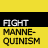 Yellow and black background with pixelated text reading 'FIGHT MANNEQUINISM' on left, a partial face visible on right.