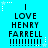 A static image with a bright cyan background displays repeated text "I LOVE HENRY FARRELL" in black pixelated font, surrounded by white star and dotted line decorations.