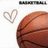A pixelated image split into two sections: a white background with a heart outline and basketball, and an orange section with text.