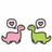Pixelated pink and green dinosaurs face each other with heart-shaped thought bubbles on a white and pink background, accompanied by green text lyrics.