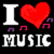 Pixel art icon with 'I ❤️ MUSIC' text, red heart, musical notes, and color variations across four