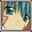 A pixelated anime-style character face with blue hair and teal eyes, next to stylized text on a black background within a filmstrip border.