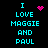 Pixelated cyan text on black background reads "I LOVE MAGGIE AND PAUL" with pink heart and starburst symbols in different frames.