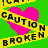 A 48x48 pixel animated buddy icon featuring a yellow caution tape design with "CAUTION BROKEN" text and pink heart symbols, displayed in two frames showing background color changes from green to cyan.