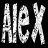 Pixelated black-and-white animation of the name "ALEX" with a stick figure replacing the second 'X' in each frame, displayed as a contact sheet with two frames showing sequential motion.