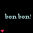 Animated sequence of light blue 'bon bon!' text and red heart icons on black background, with hearts changing in number across frames.