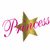 A golden star with pink text 'Princess' on a white background, transitioning to blue pixelated text 'ino iam' over the same elements.