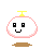 Four pixel-art frames of a white blob-like character with pink outline, yellow top spike, and brown base on gray background showing facial expression changes between smiling face and blushing cheeks.