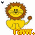 Pixelated yellow lion with brown mane and tail tip, smiling face, raised right paw, 'rawr.' text below in orange-yellow gradient.