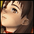 Pixelated anime-style character head and shoulder view with brown hair, light skin, and red clothing against black background with white text.