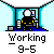 Animated contact sheet of a pixel art character working at a desk with alternating poses, displayed in 4x4 grid format on gray background.