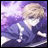 Pixelated anime-style character with light brown hair and white mask against purple background, next to black with white text