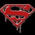 Red and gray pixelated icon with dripping effect, shaped like a stylized 'S' or inverted triangle on black background.
