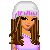 Pixel art of a female character in pink top and blue jeans with white beanie, shown from full body to head-only views.