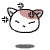 Pixelated cat head with closed eyes, pink and white fur, black outline, small nose, two static frames showing different eye positions.