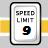 Pixelated speed limit sign icon with 'SPEED LIMIT 9' text, black border on white background, yellow and gray striped backdrop.