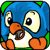 Pixelated blue cartoon character with large eyes and orange beak holding a brown object against green-accented background.