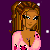 Pixel art contact sheet showing multiple frames of an animated buddy icon featuring a cartoon woman with braided hair, pink top, and blue jeans against purple background with hearts and text elements.