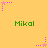 Yellow background with green text 'Mikal' repeated three times in a , surrounded by pink star-shaped pixel clusters that shift position across frames