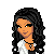 Pixel art portrait of a woman with long black hair wearing a white top and dark jacket, featuring an orange skin tone and visible tattoo on the hand.