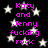 Black background with white stars and repeated pink text reading 'Katy and Jenny fucking rock' in pixelated font.