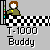Pixel art buddy icon with brown-haired figure in green jacket, black-and-white checkered pattern, and 'T-1000 Buddy' text, showing animation changes in pattern and figure details.