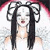 Pixelated image of a figure with long dark hair, closed eyes, and a small mouth, set against a white background with red and black curved shapes at the top.