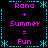 Pixel art displays 'Rana + Summer = Fun' text in pink with cyan decorative elements on black background