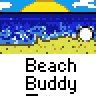 Animated beach-themed buddy icon contact sheet showing 11 sequential frames of a stick figure character interacting with beach props on a pixelated background.