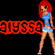 Pixel art of a red-haired woman in blue top and white polka-dot shorts standing with hands on hips, text 'aiyssa' below her in multiple colors.