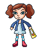 Pixel art character with brown pigtails, blue jacket, light blue dress, red boots, and yellow handbag in multiple poses.
