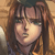 Pixelated close-up of a person with long brown hair and bangs, wearing a dark top against a warm-toned background.