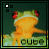 Pixelated frog with red eyes and yellow-green body against dark green background, displaying 'out' text in two states.