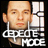 Pixelated image of a bald man's face with light skin and brown eyes, positioned left of center above stylized white text reading DEPECHE MODE on black background.