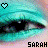 Pixelated close-up of teal eyes with a heart icon above and 'SARAH' text below, showing two animation states.