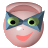 Pixelated circular icon shows a pink face with green eyes, blue mask, white nose, and red smile against gray background.