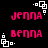 Pixelated pink text 'JENNA' and 'BENNA' on black background with white square-dot corner elements.