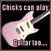 Pink electric guitar with white pickguard on black background, text "Chicks can play Guitar too...." with pixelated heart symbol appearing in top-right and bottom-right frames.