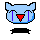 Pixelated blue cat head with red nose and purple tears, two black rectangular bases below, gray background.