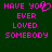 Green background with pink pixelated text reading 'HAVE YOU EVER LOVED SOMEBODY' and a heart symbol replacing the 'O' in 'YOU'.