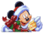 Mickey Mouse in Santa attire holding a gift, shown in multiple animated states with text elements and partial visibility.