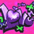 Pixelated purple and white stylized text with green accents on a bright pink background, featuring a heart shape within the lettering.
