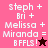 Pixelated text displays 'steph + Bri + Melissa + Miranda = 8 FFLS!' with a star symbol on pink, dark brown, and maroon backgrounds.