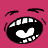 Pixelated cartoon mouth with wide open grin on solid pink background, showing teeth and tongue in a stylized smiley face design.