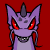 Pixel art contact sheet of a purple dragon-like creature with red eyes and sharp teeth across five animated frames on a solid red background.