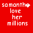 Red background with white pixelated text reading 'samantha love her millions' in four , where the first shows a heart symbol and the third has scattered dots