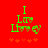 Green text reading "I Love You" on red background with orange hearts, animated heart shapes changing position.